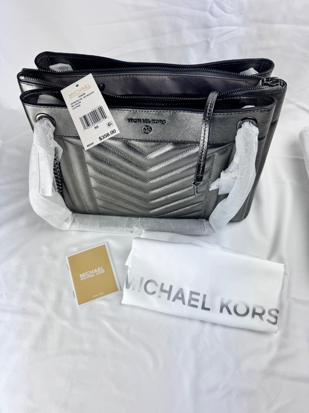 NWT Michael Kors Susan Anthracite/Gunmetal Leather Shoulder Bag w/ Chain Strap - Picture 10 of 12